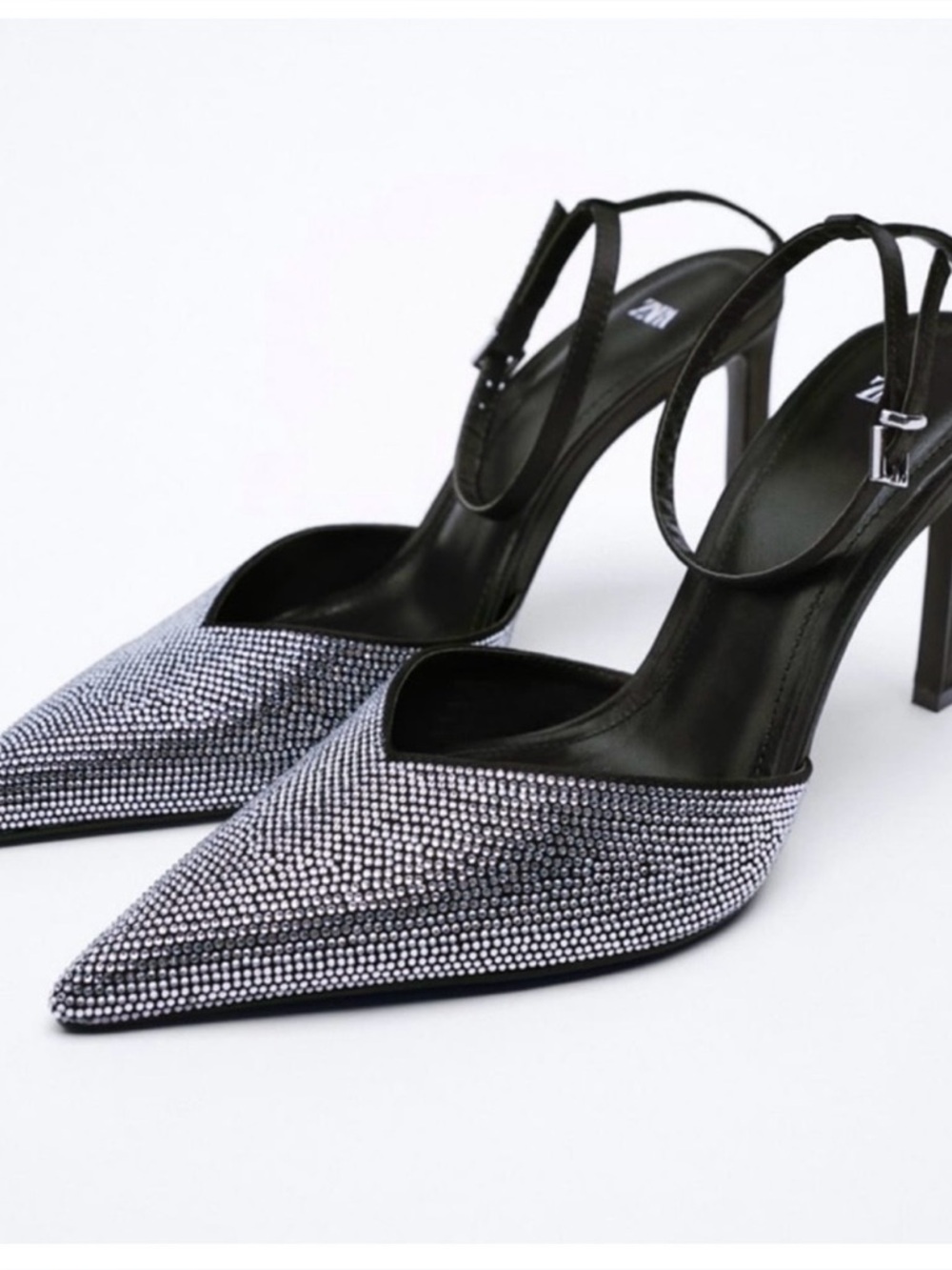 Zara Black Ankle-Strap Pointed Crystal Pumps